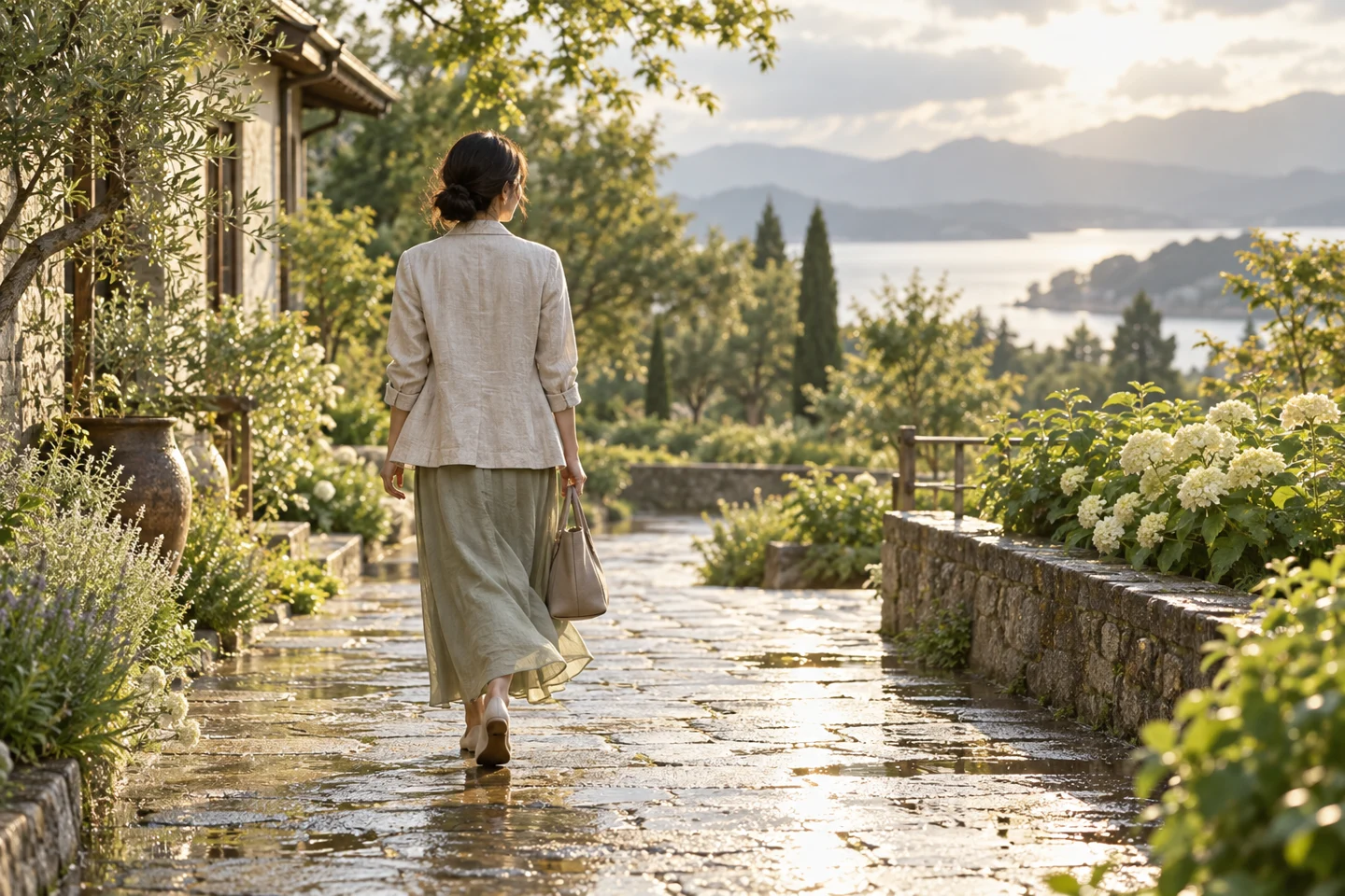 雨上がりの庭をゆっくり歩く女性のイメージ
