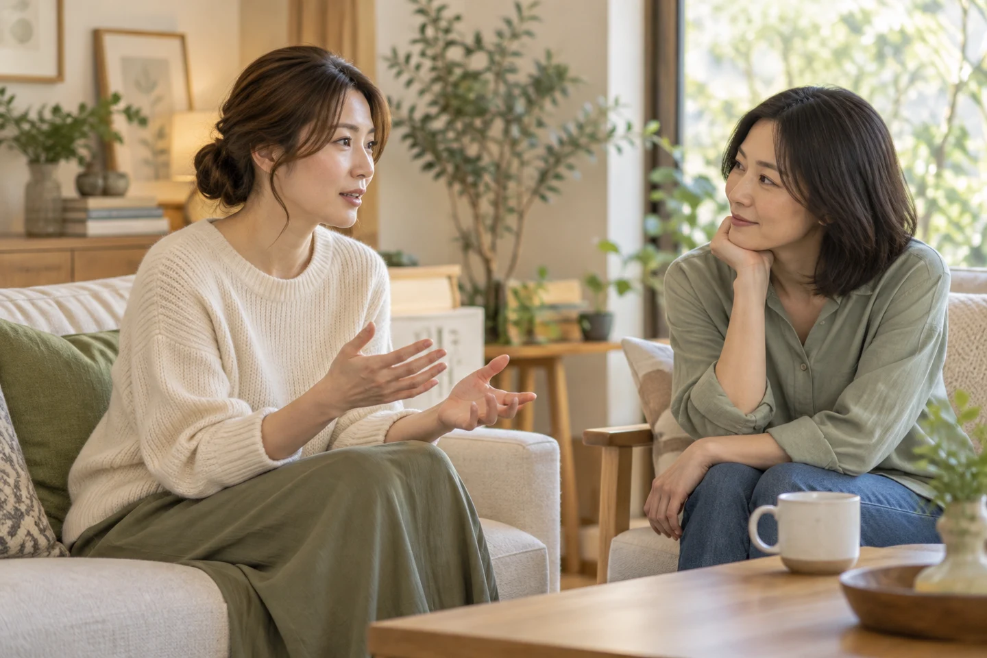 落ち着いた部屋で友人に話を聞いてもらうイメージ