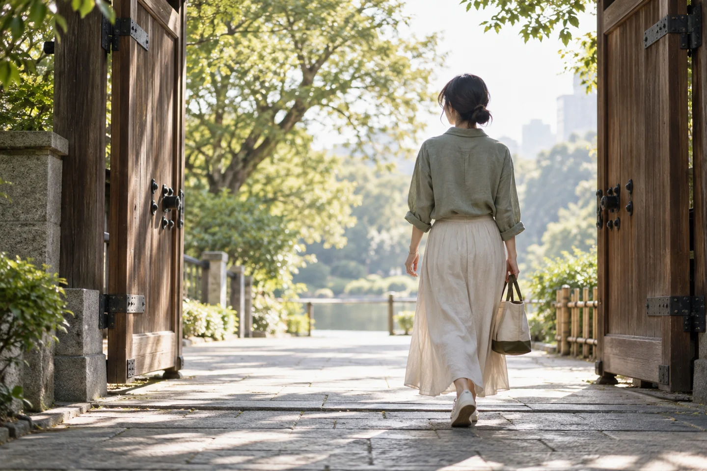 開いた公園の門へ歩く女性のイメージ