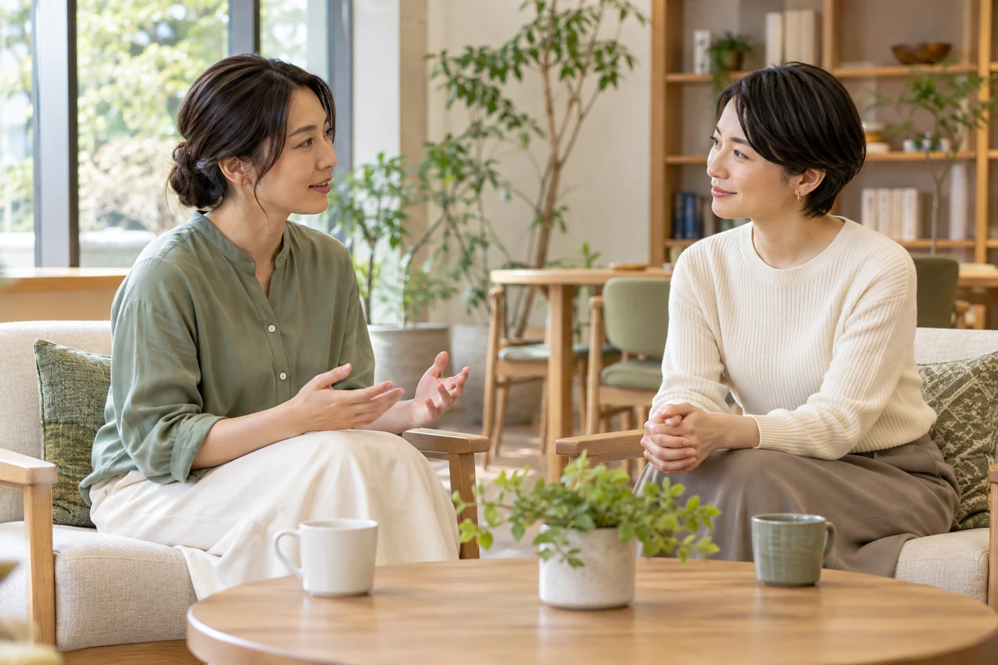 落ち着いた部屋で友人に話を聞いてもらうイメージ