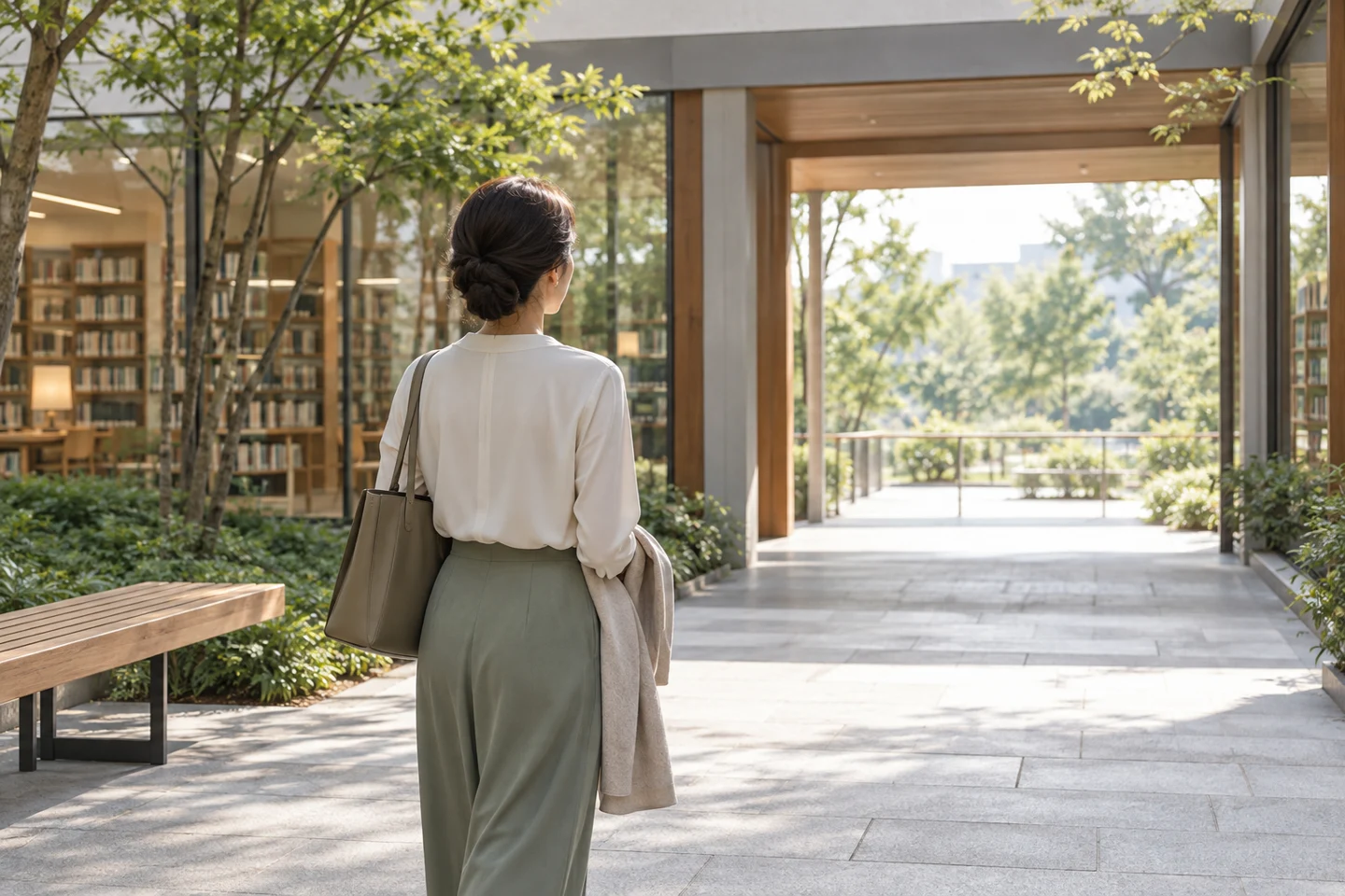 図書館の中庭で立ち止まる女性のイメージ