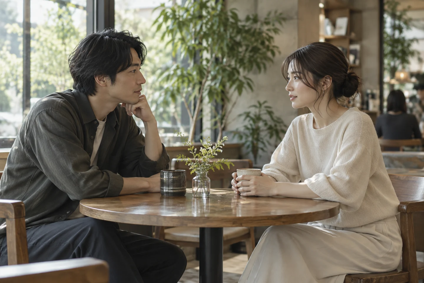 落ち着いたカフェで話を聞き合う二人のイメージ
