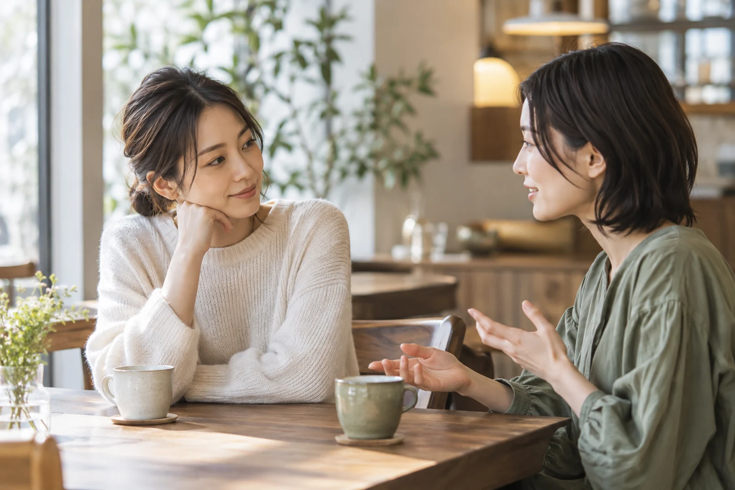 静かなカフェで友人に話を聞いてもらう女性のイメージ
