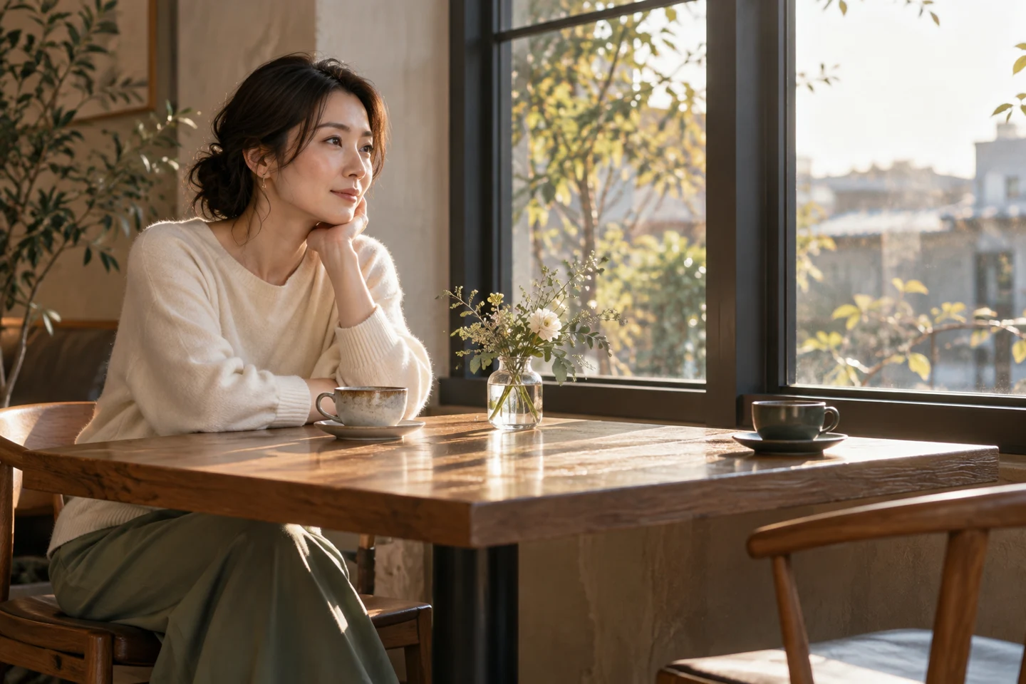 カフェで二つのカップを前に考える女性のイメージ