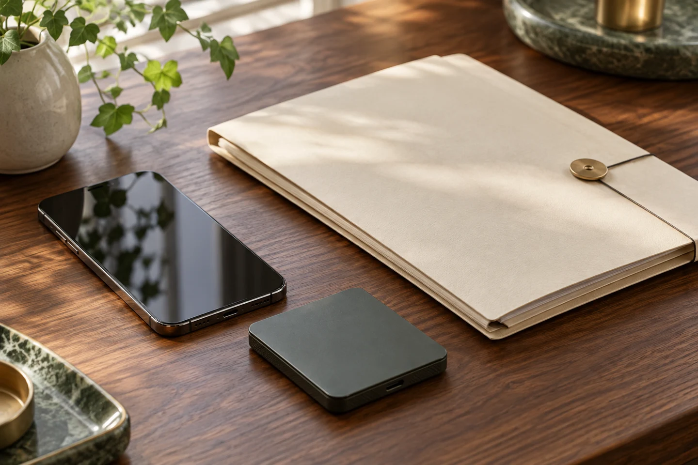 スマートフォンと資料フォルダー、保存用ドライブ