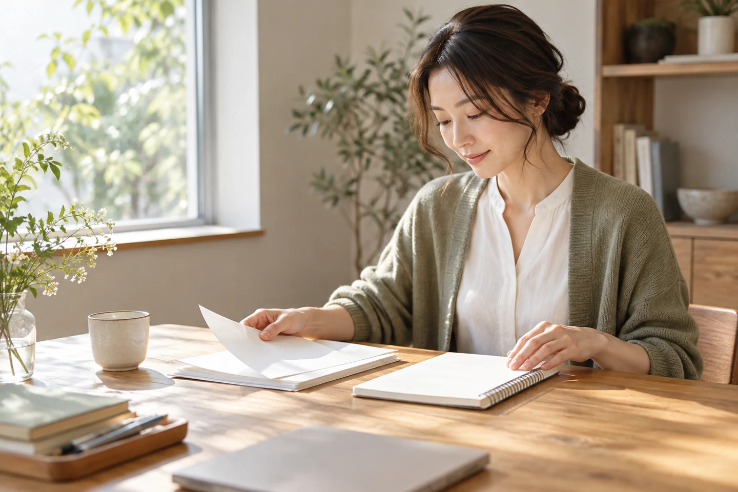 窓辺の机でノートと資料を整理する女性のイメージ