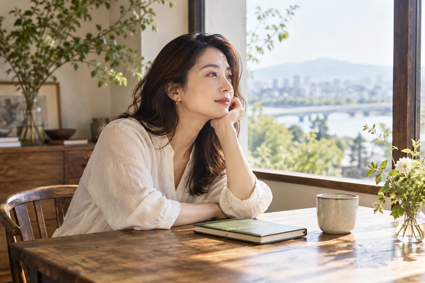 窓辺で閉じたノートを手に、自分の気持ちを考える女性のイメージ