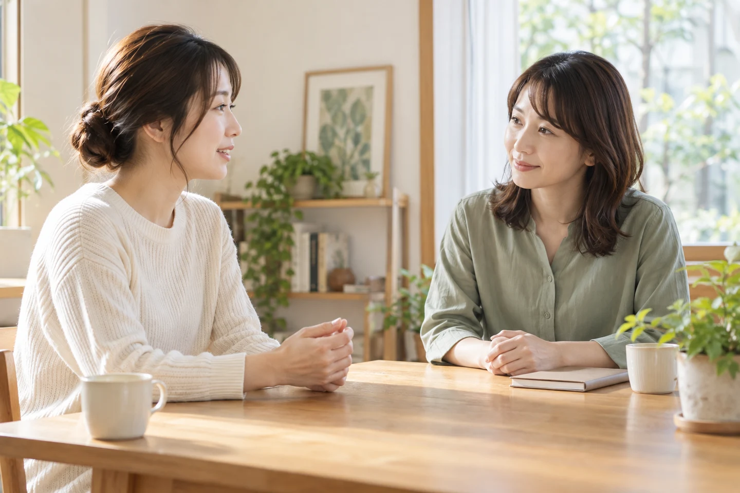 落ち着いた部屋で話を聞いてもらう二人の女性のイメージ