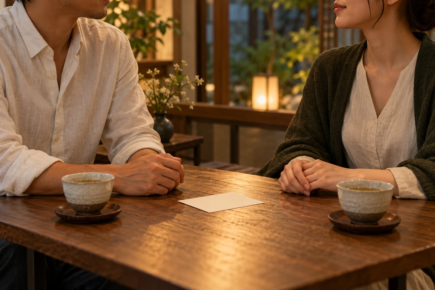 お茶を前に、穏やかに話し合う二人の手元のイメージ