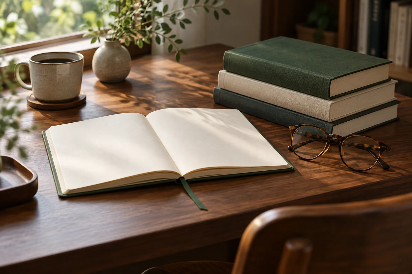 研究を読み解く時間を表す、本とノートと眼鏡のイメージ