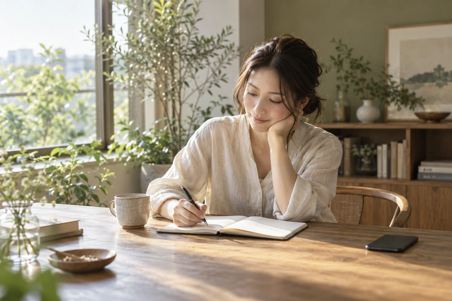 窓辺でノートに向かい、自分の希望を整理する女性のイメージ