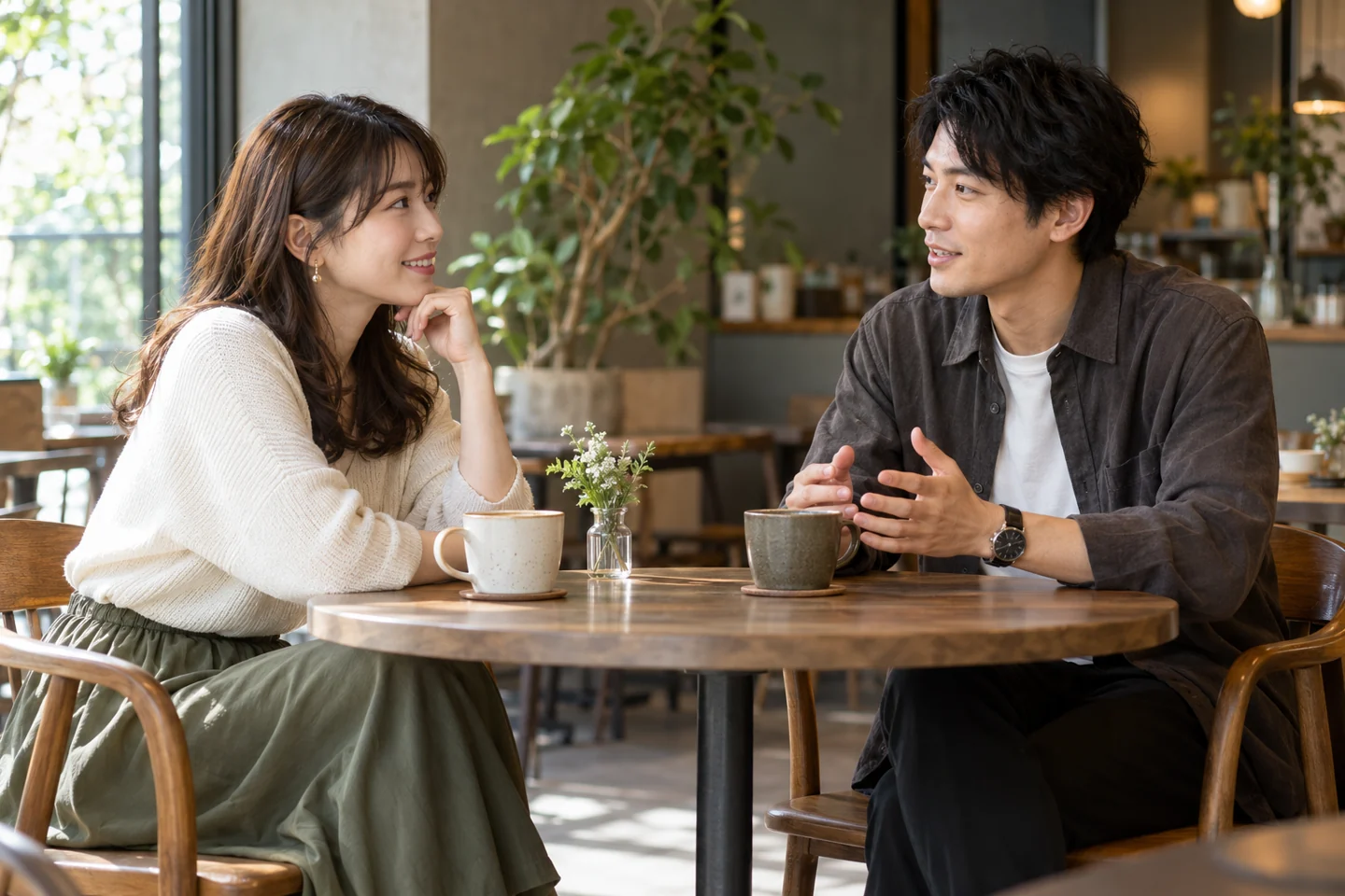 カフェで互いの希望を落ち着いて話す二人のイメージ