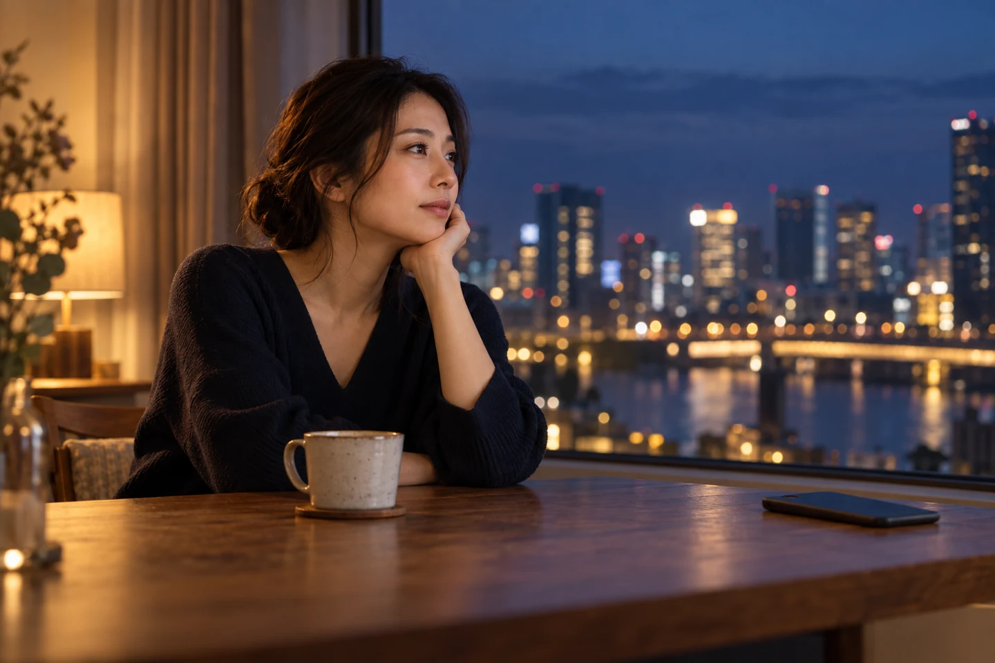 夜の窓辺でスマートフォンから離れ、気持ちを整理する女性のイメージ