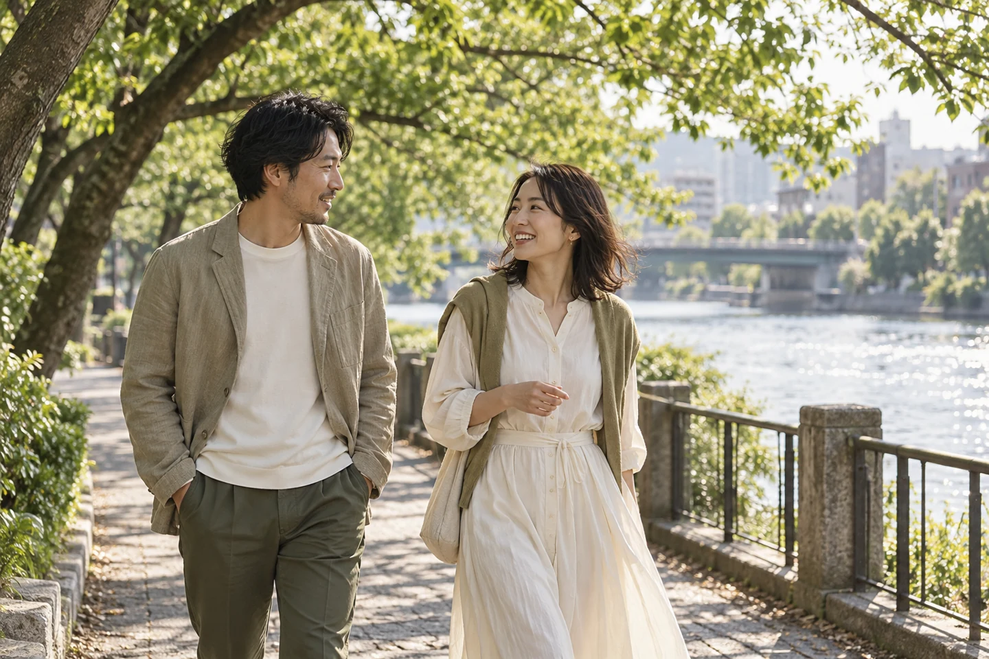 川沿いを歩き、恋愛以外の時間も過ごす二人のイメージ