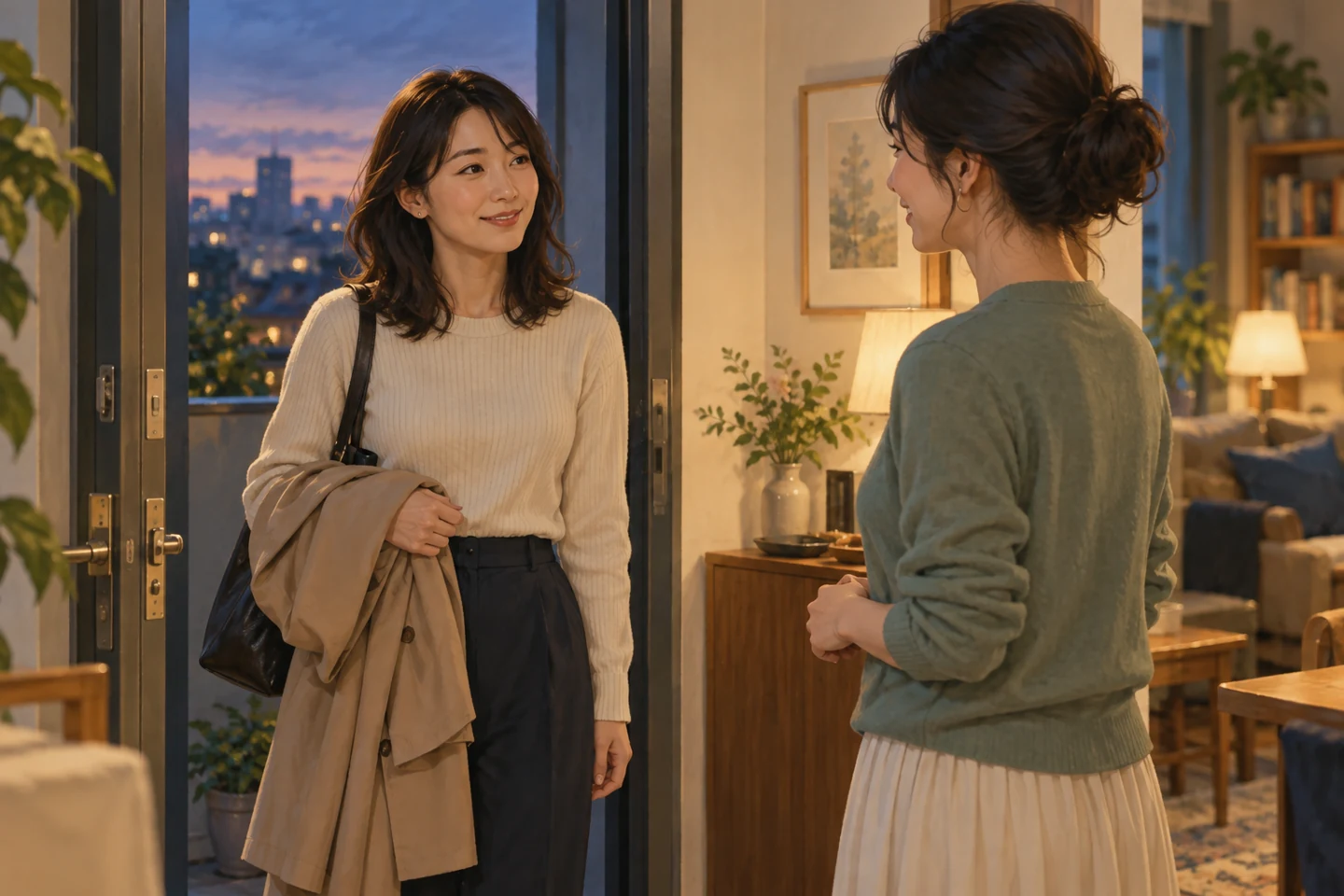 玄関で自分の予定を穏やかに伝える女性のイメージ