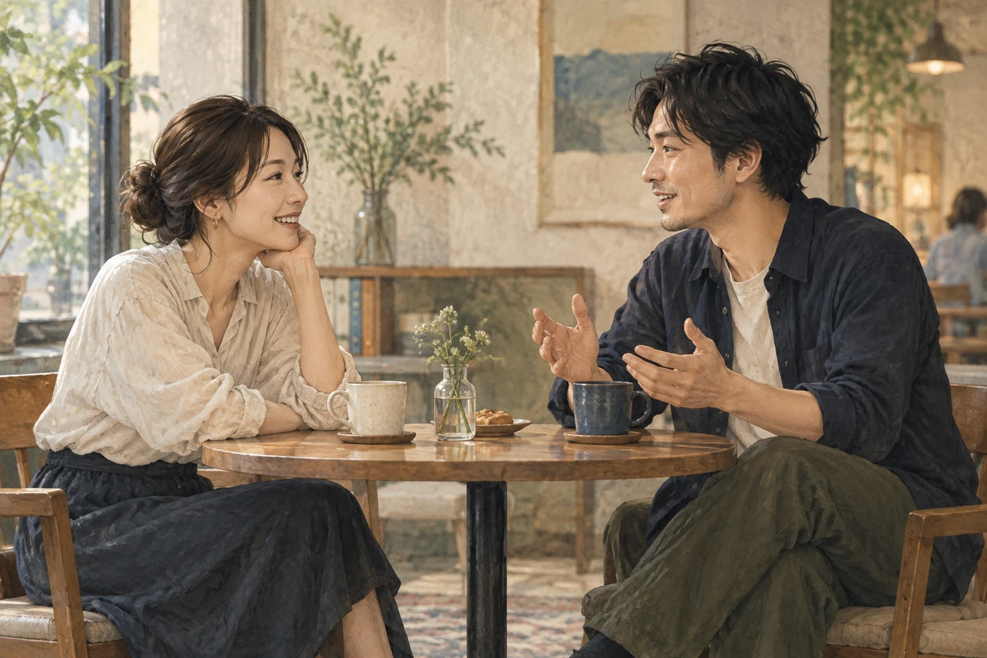 カフェで互いの話を聞きながら会話する二人