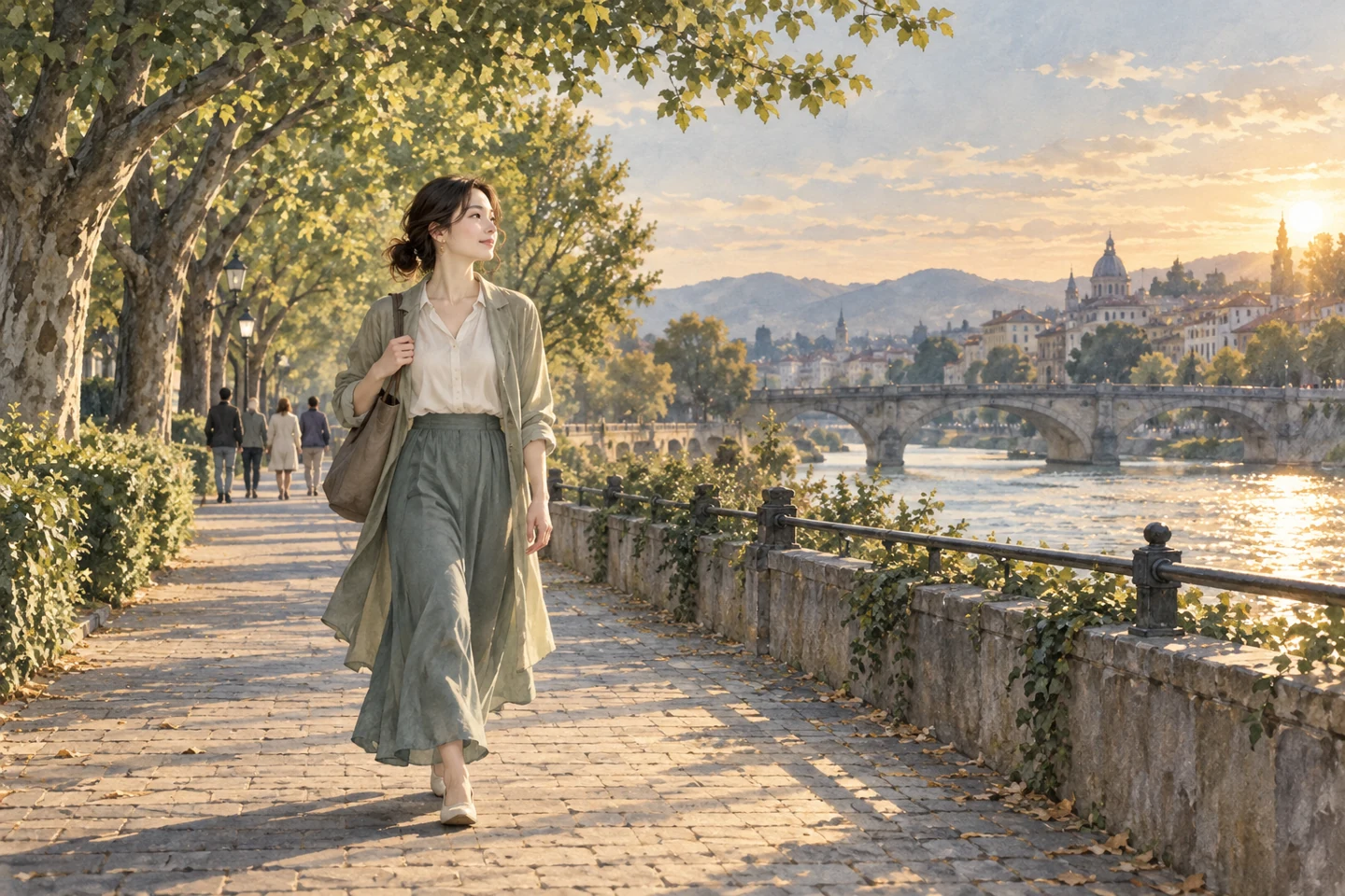 会話の振り返りから離れ、川沿いを歩く女性のイメージ