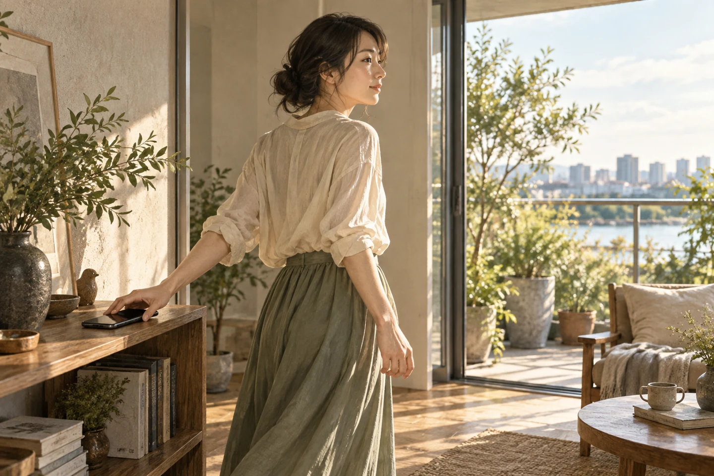 スマートフォンから離れて短い休憩を取る女性のイメージ