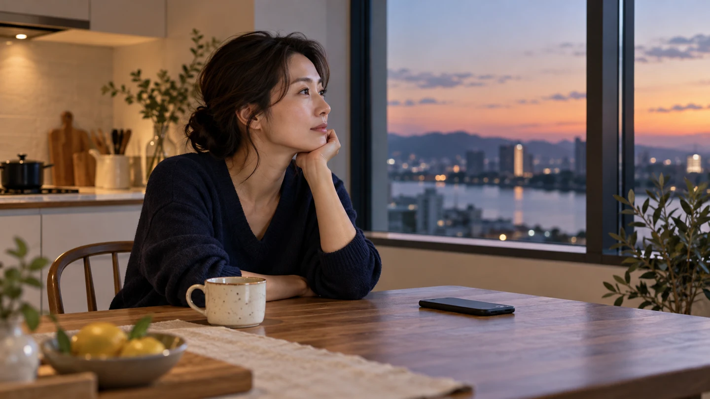 返信する前にスマートフォンを置いて考える女性のイメージ
