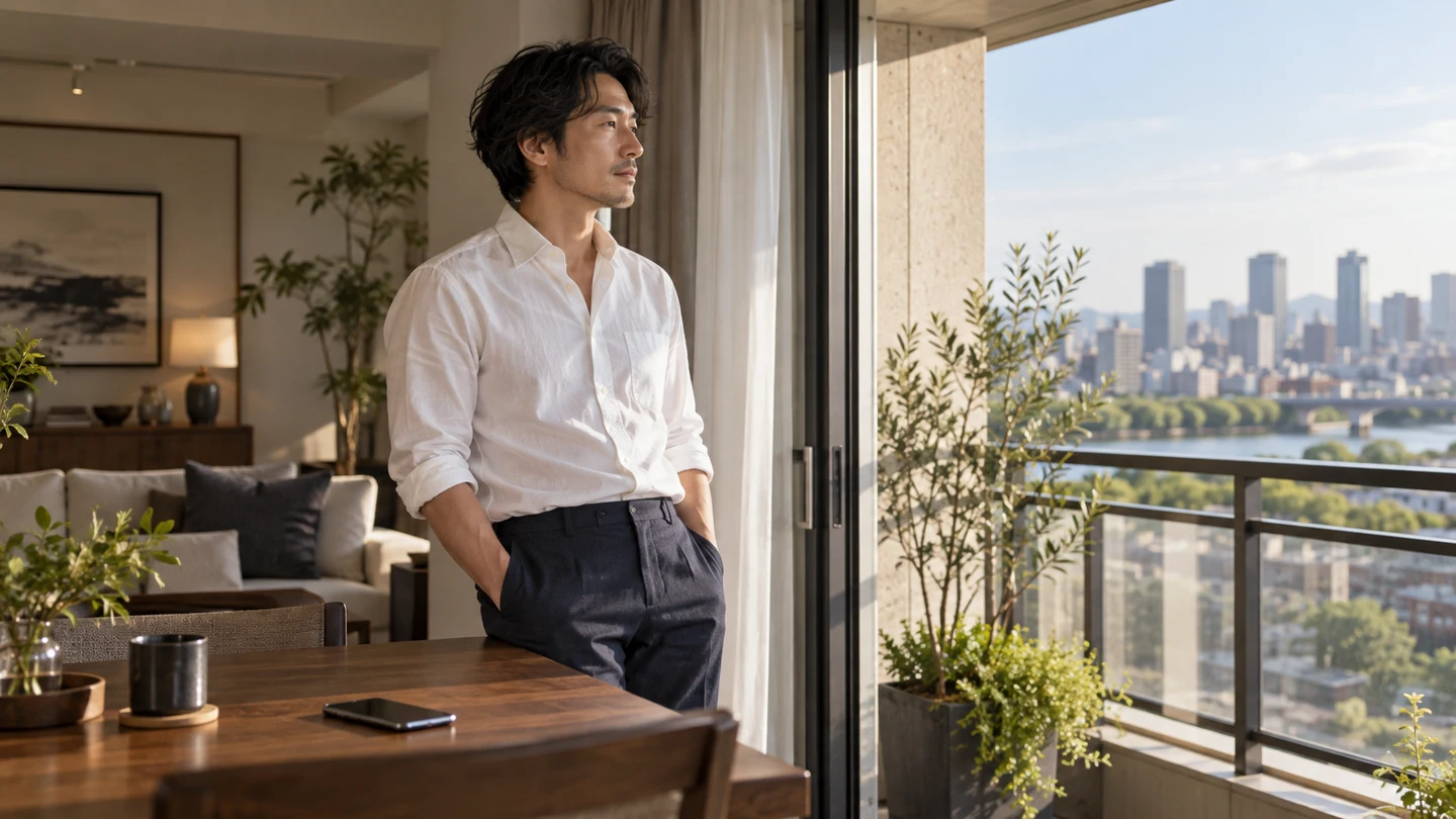 会話から少し離れて窓辺で休憩する男性のイメージ