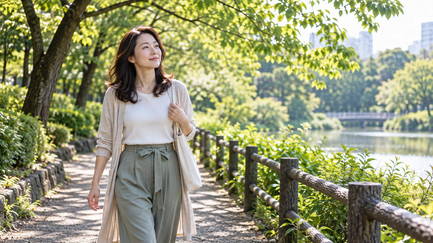 自分の予定に戻り公園を歩く女性のイメージ
