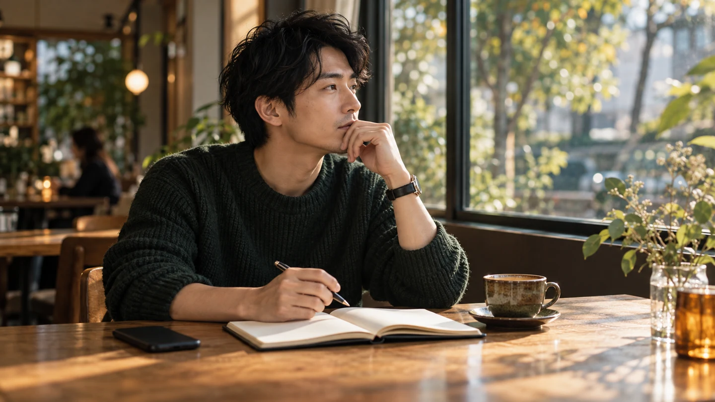 カフェでノートを開き考えを整理する男性のイメージ