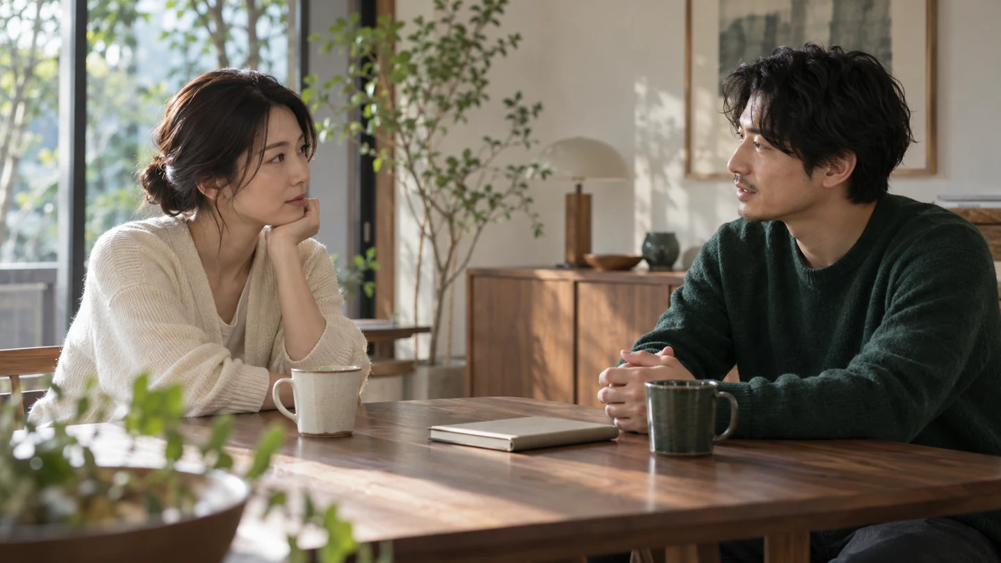互いの希望を落ち着いて話し合う二人のイメージ