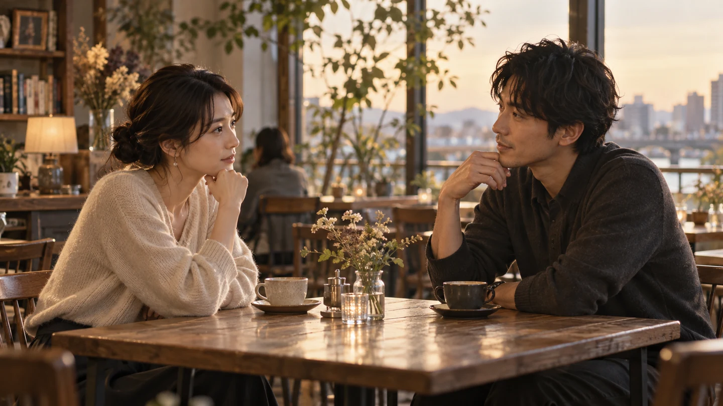 同じ目線で向き合い会話する恋人同士のイメージ