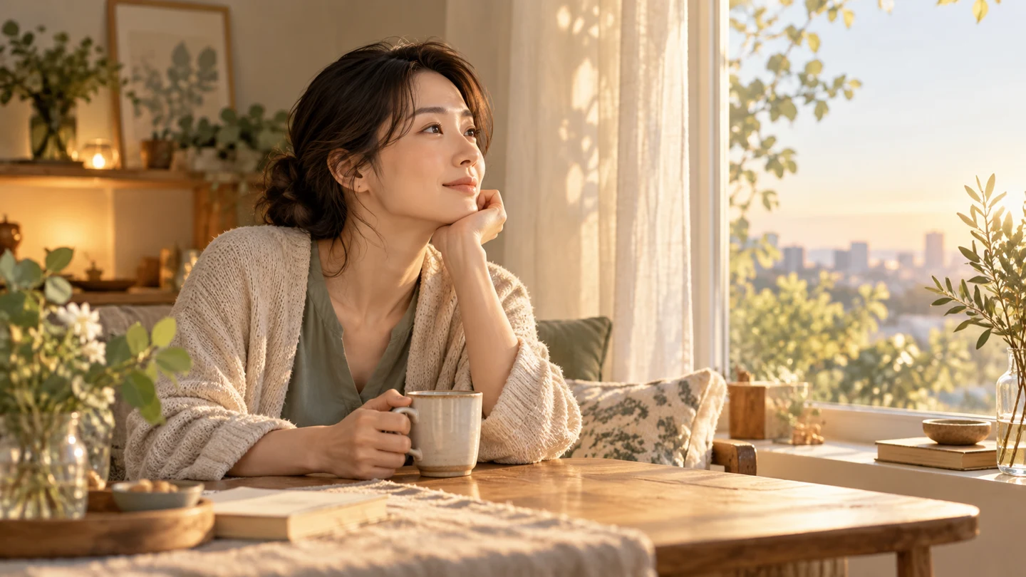 穏やかな部屋で、自分の気持ちに目を向ける女性のイメージ