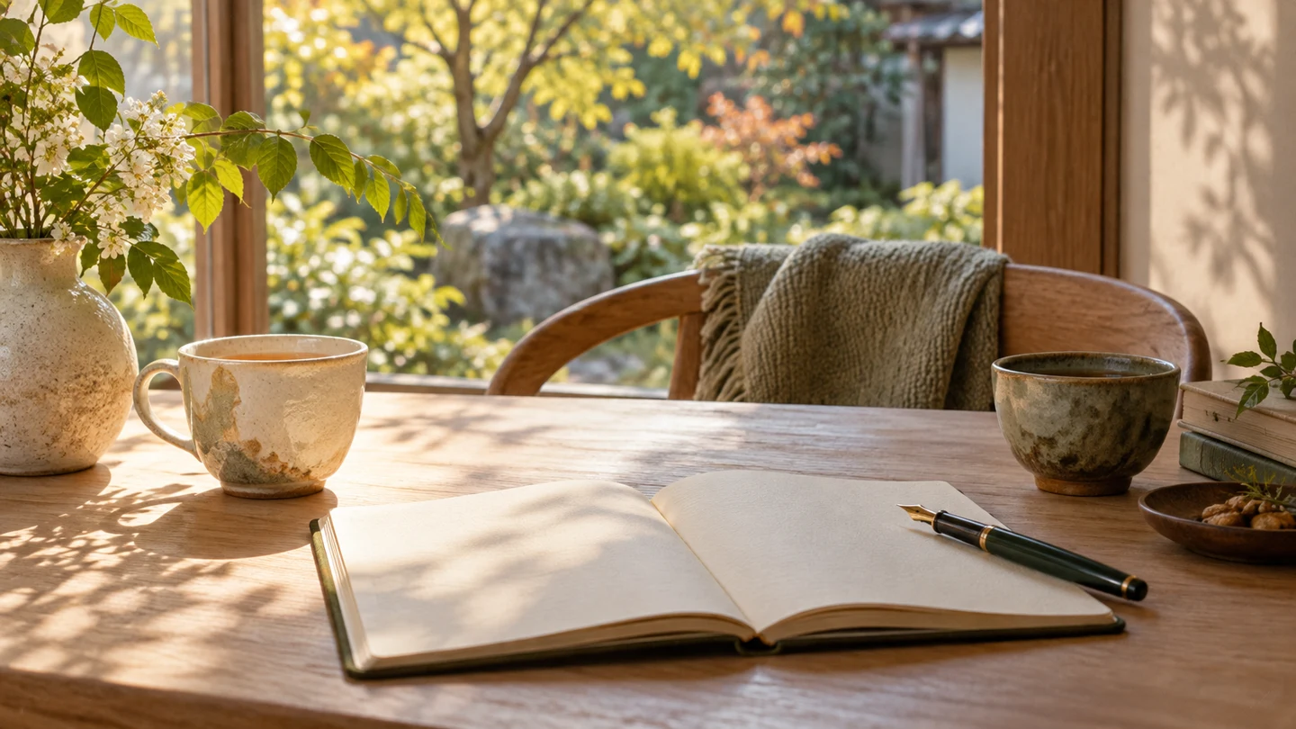 出来事と予想を分けて書くためのノートと二つのカップ