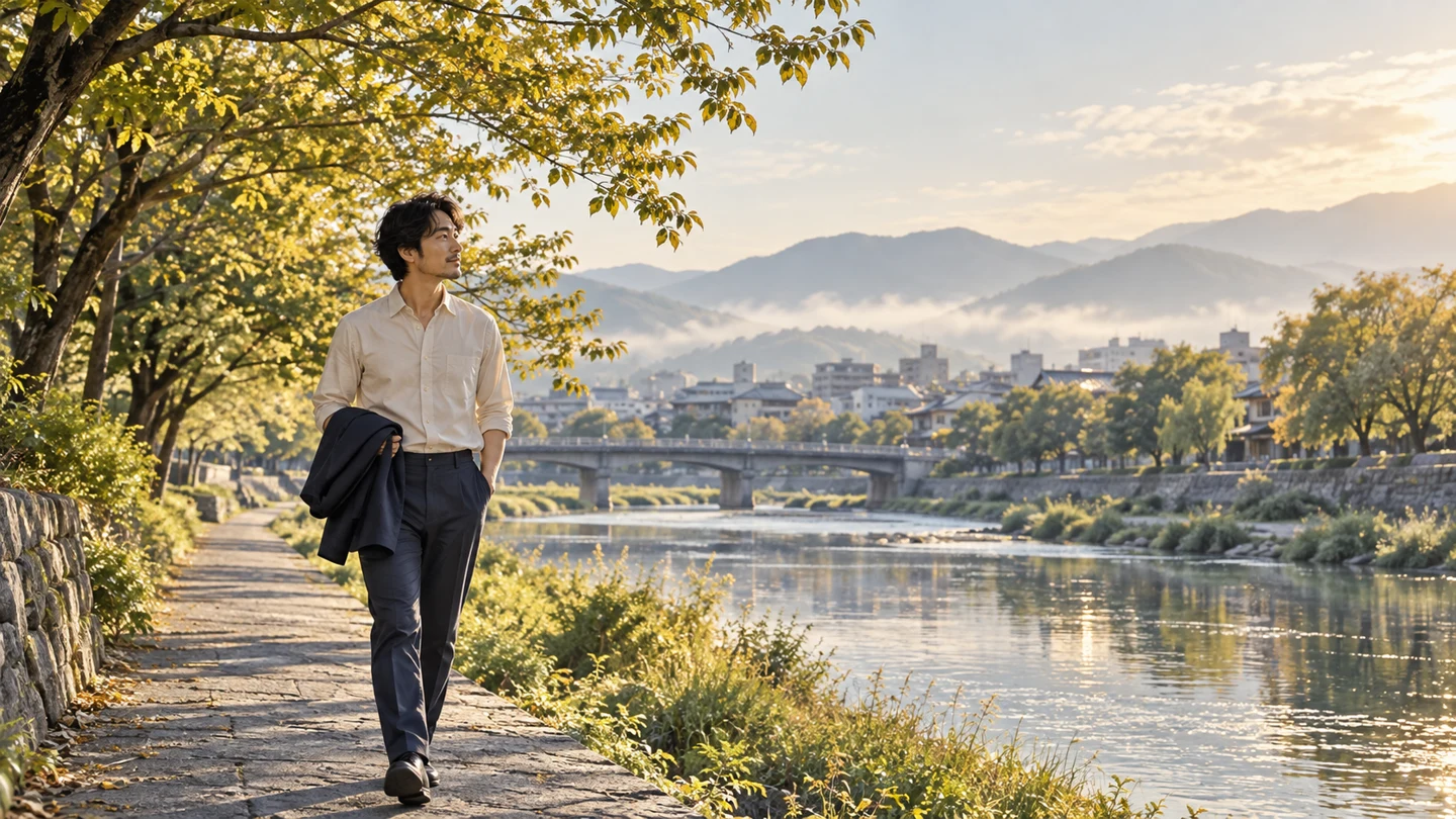 小さな心地よさに気づきながら川辺を歩く男性のイメージ