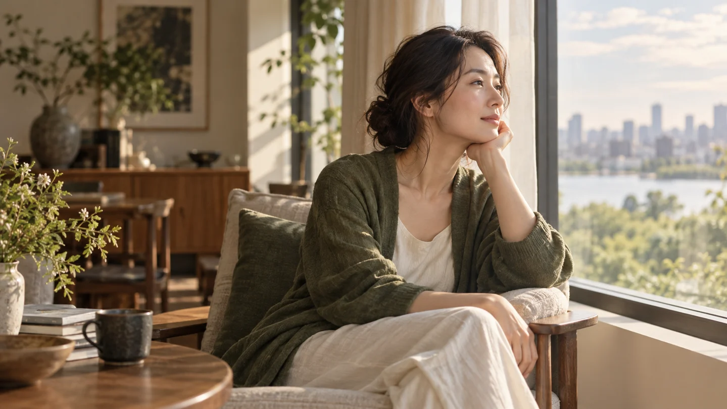 窓辺で自分のこれからに思いを向ける女性のイメージ