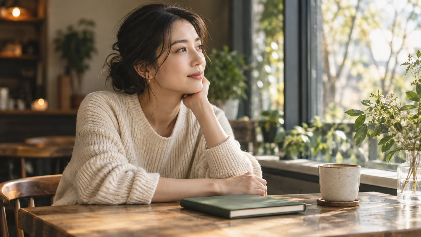 カフェで自分の希望について静かに考える女性のイメージ