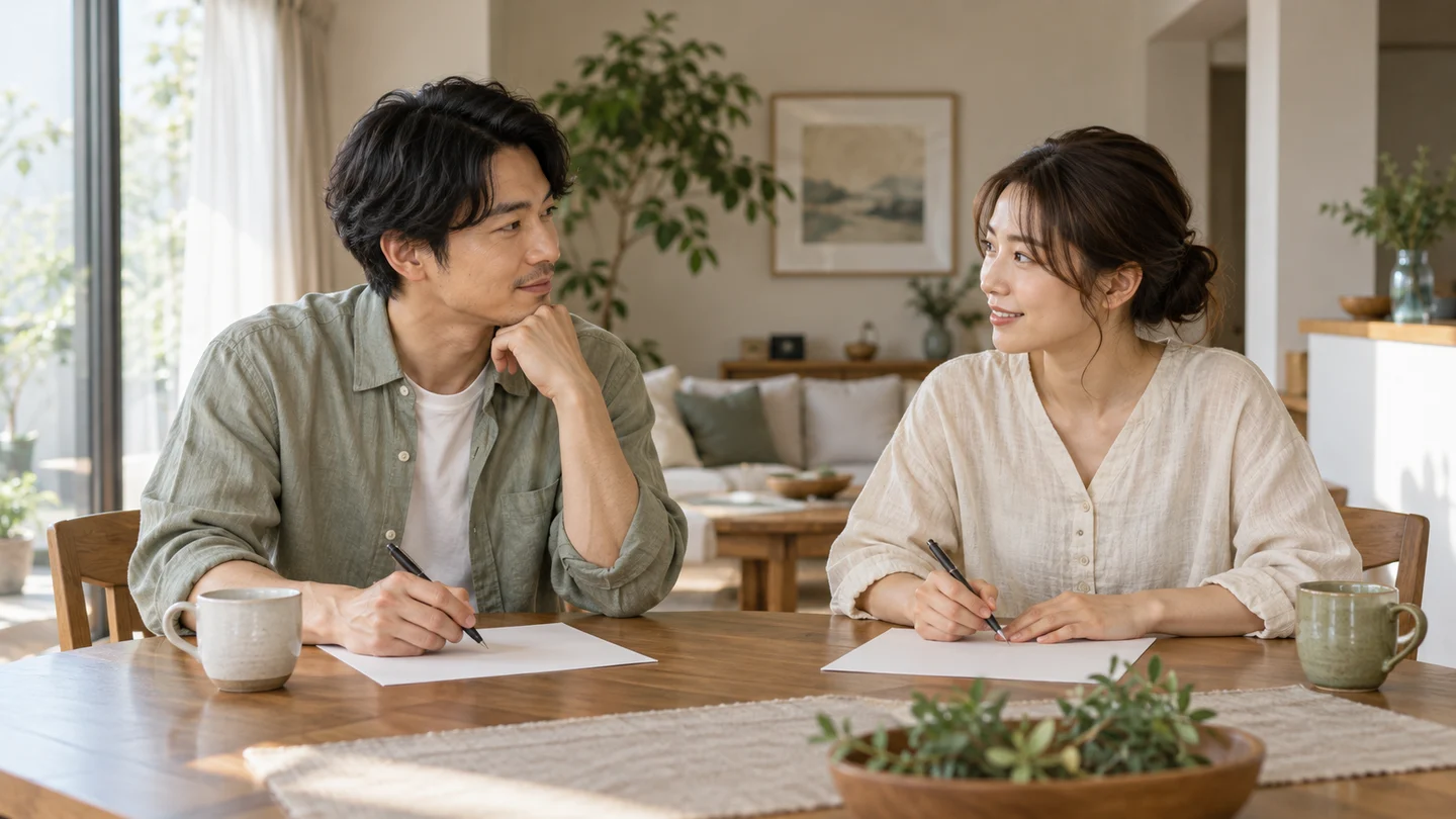 暮らしの分担を対等に話し合う二人のイメージ