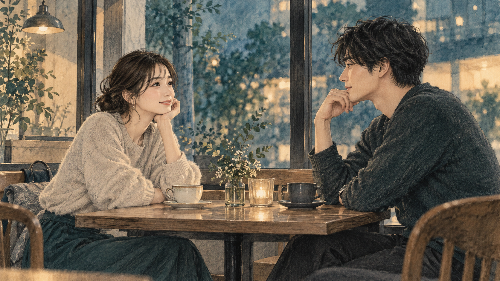 静かなカフェで向き合う二人のイメージ