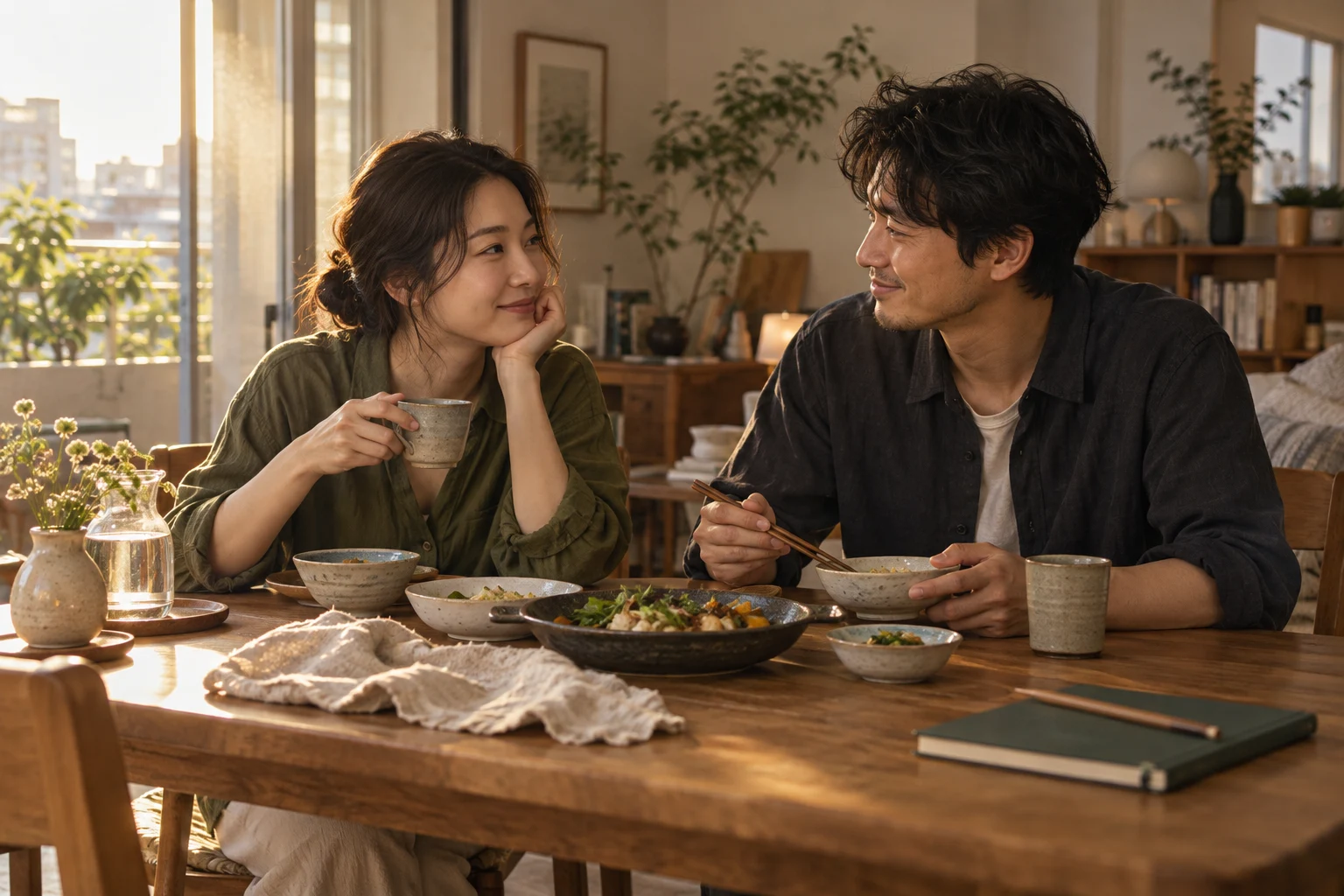自宅の食卓で、肩の力を抜いて会話を楽しむ二人のイメージ