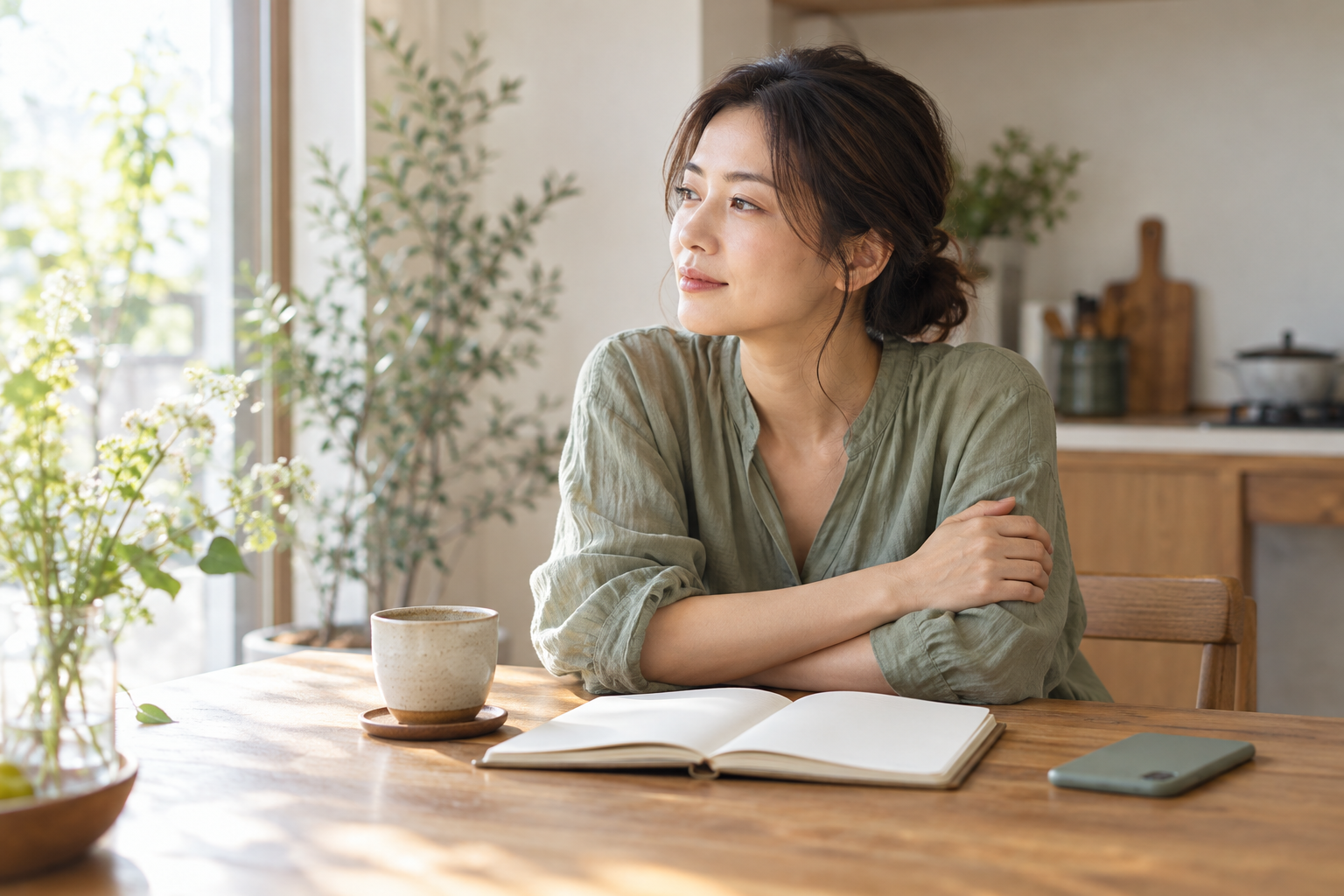 朝の窓辺で自分の腕に手を添え、静かに休む女性のイメージ