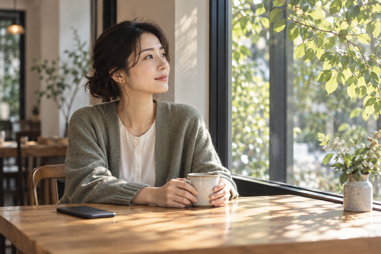 スマートフォンを伏せ、窓辺の緑とカップの感触に注意を向ける女性
