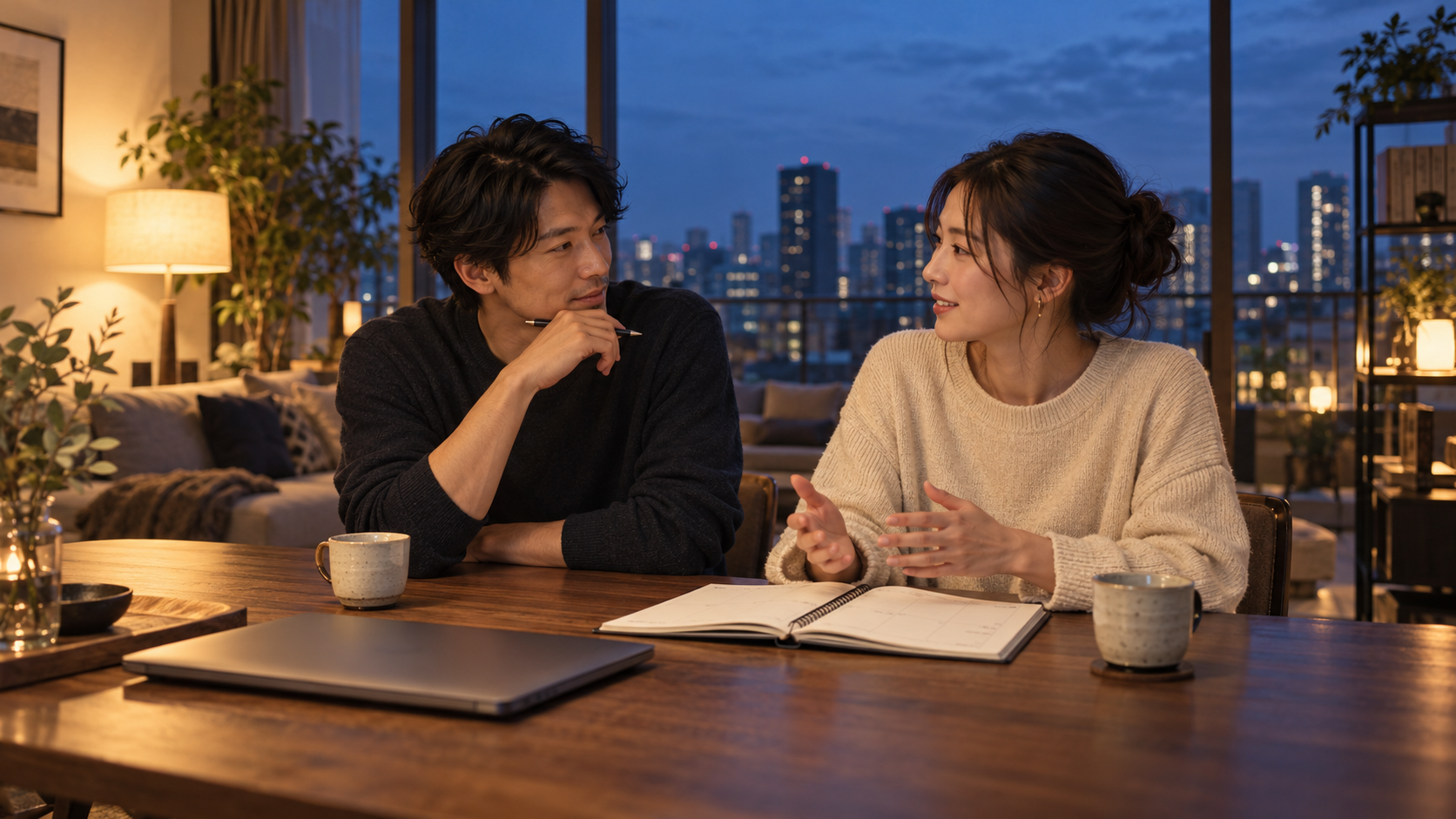 仕事と二人の予定を、手帳を見ながら相談するイメージ