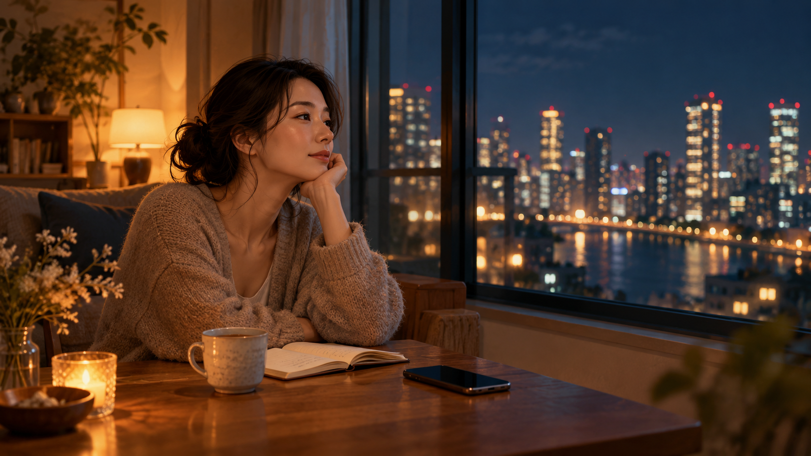夜の窓辺で手帳とお茶をそばに置き、自分の時間を過ごす女性のイメージ