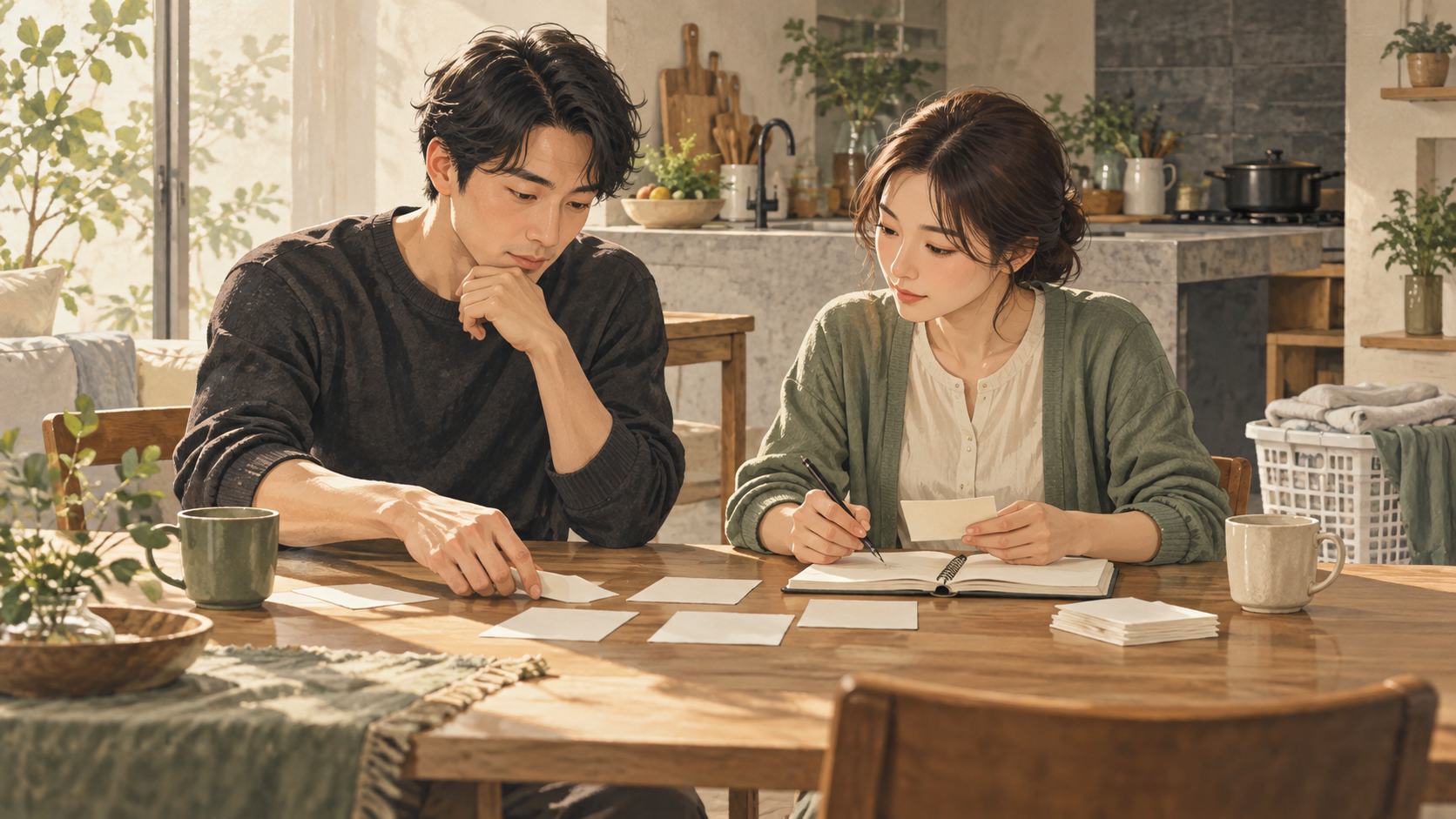 家事の分担を考えながらテーブルで話し合う二人のイメージ