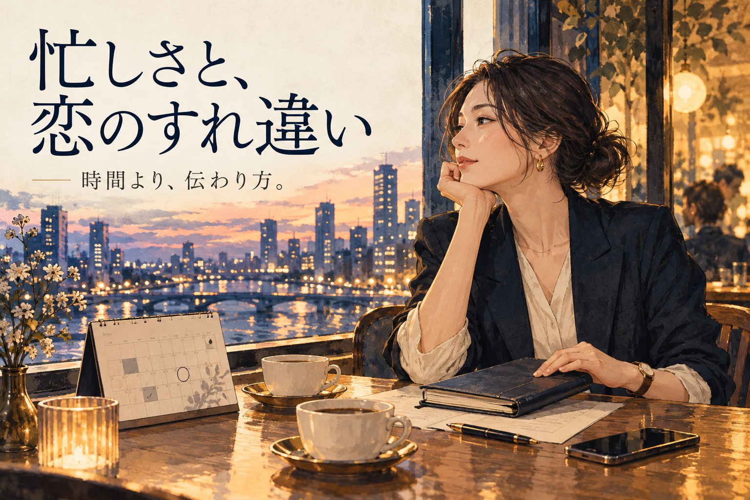 忙しさと恋のすれ違い。カフェで予定を見直し、自分の時間を選ぶ女性