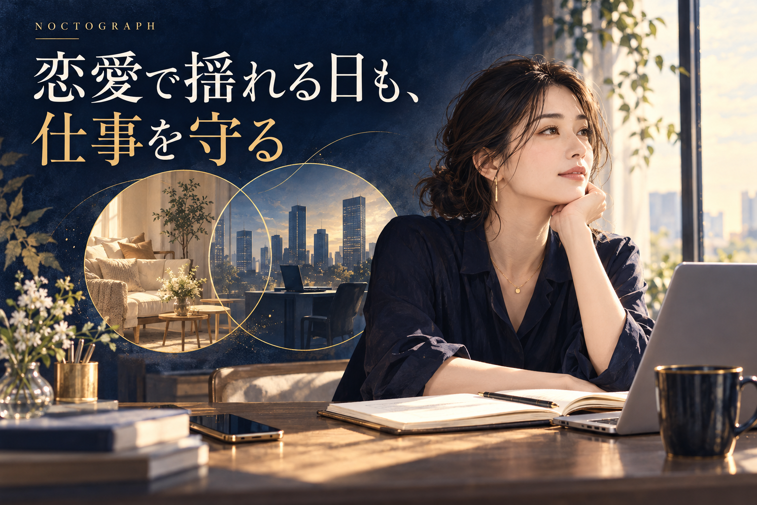 恋愛で揺れる日も仕事を守る。机に向かう女性と、家庭と仕事を表す二つの円