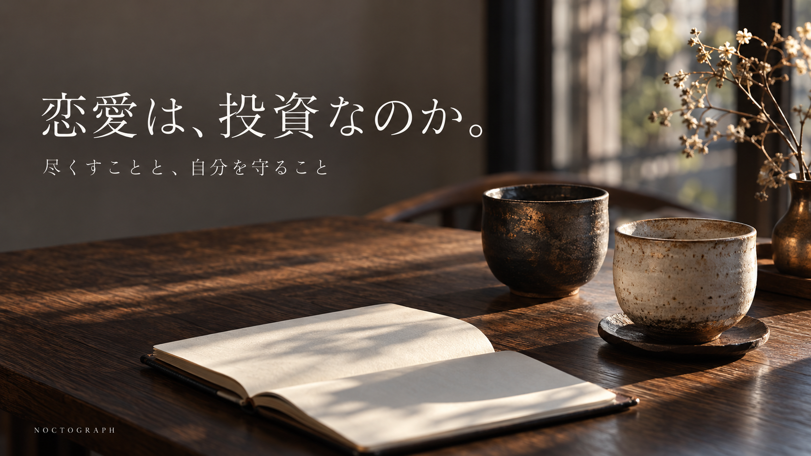 恋愛は投資なのか。二つのカップとノートが置かれた静かな机