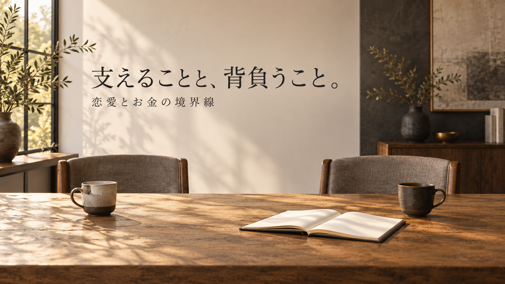 二つのカップとノートを置いたテーブル。支えることと、背負うこと。恋愛とお金の境界線
