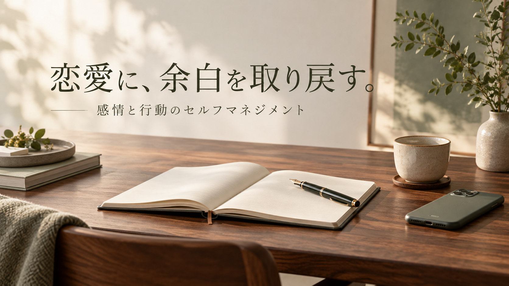 ノートと伏せたスマートフォンを置いた机。恋愛に、余白を取り戻す。感情と行動のセルフマネジメント
