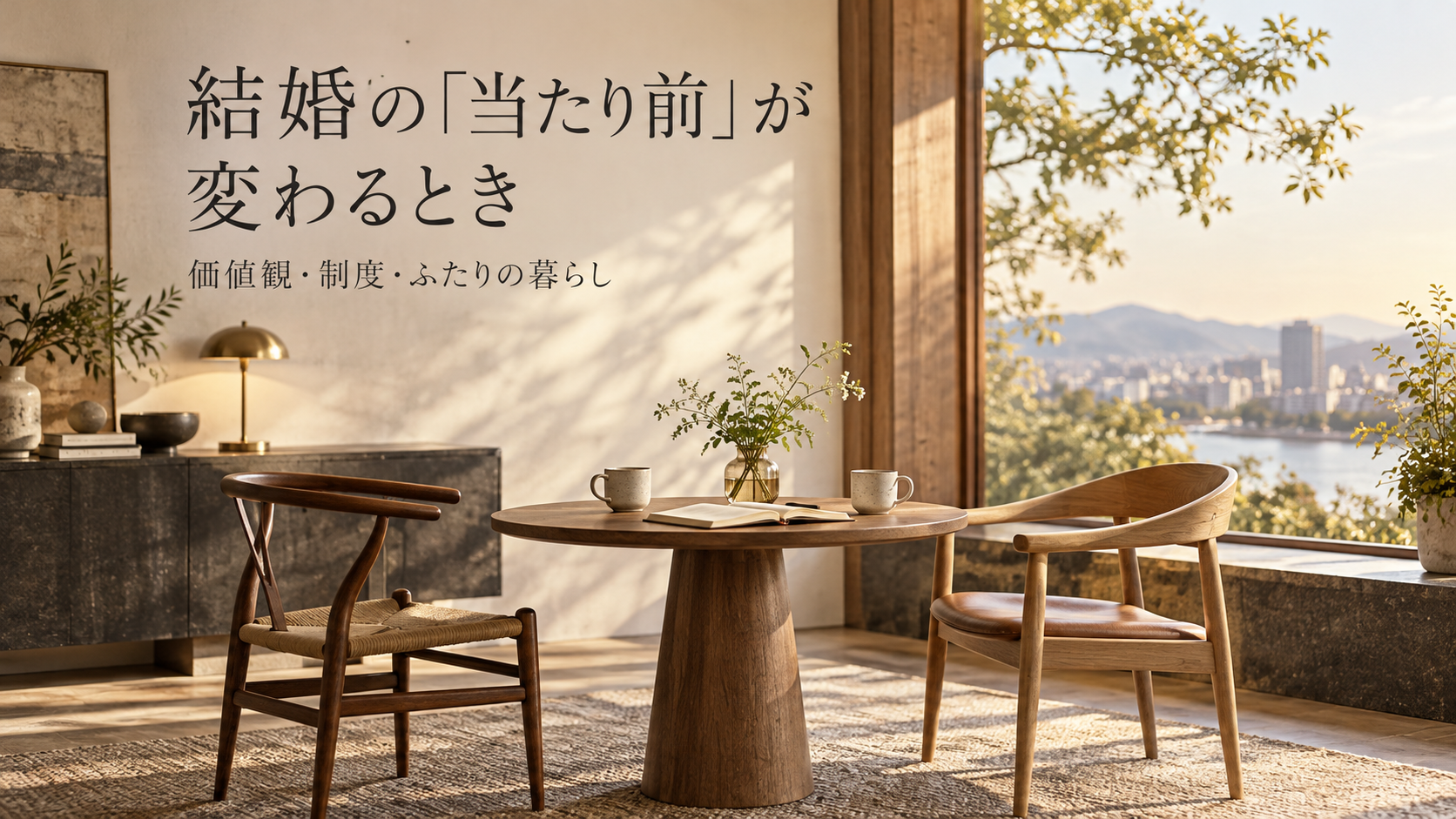 二つの椅子と共用のテーブル。結婚の価値観と二人の暮らしを考えるイメージ