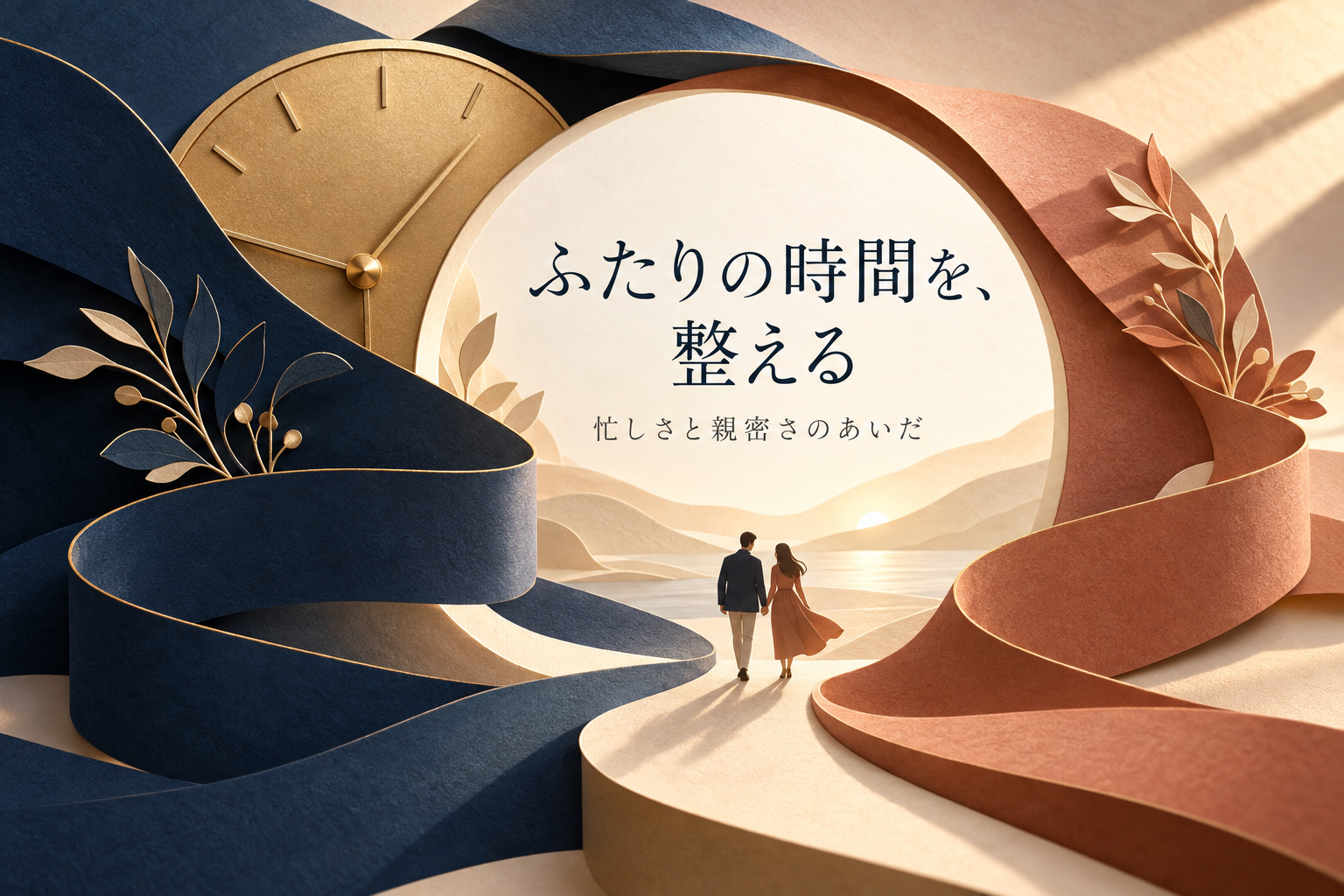 時計と二色のリボンで、忙しい二人が共有する時間を表したイラスト