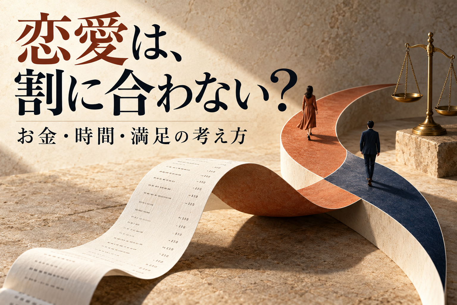 レシートから二人の道が伸びる、恋愛の費用と満足を考えるイメージ