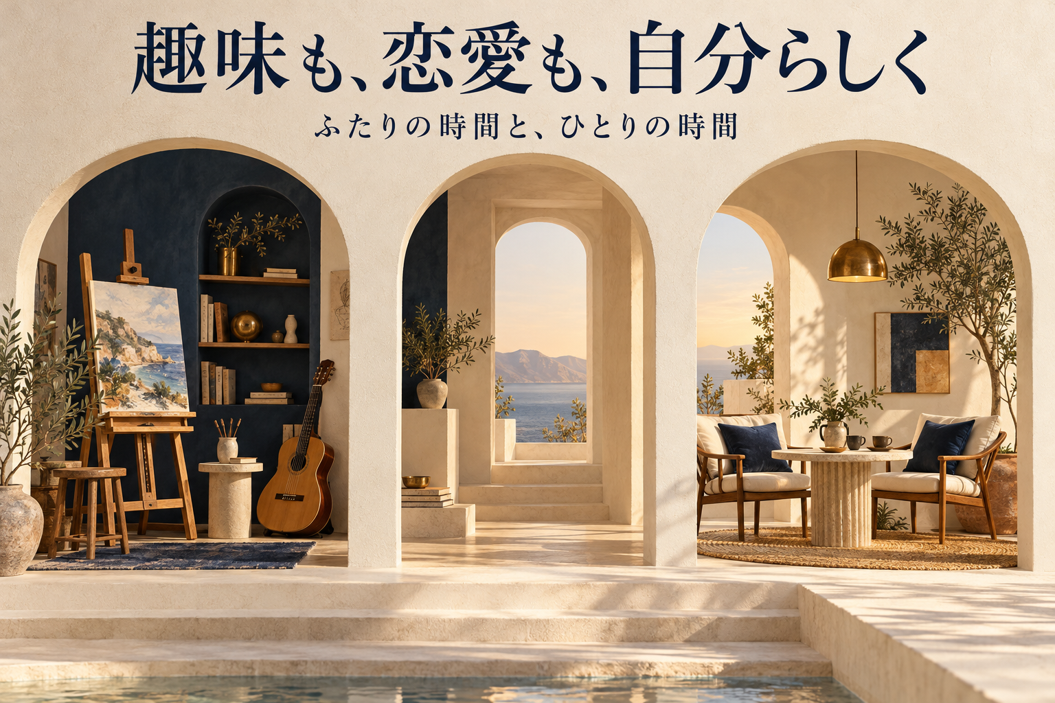 趣味の画材と楽器、二人で過ごす椅子を別々のアーチで表したイラスト